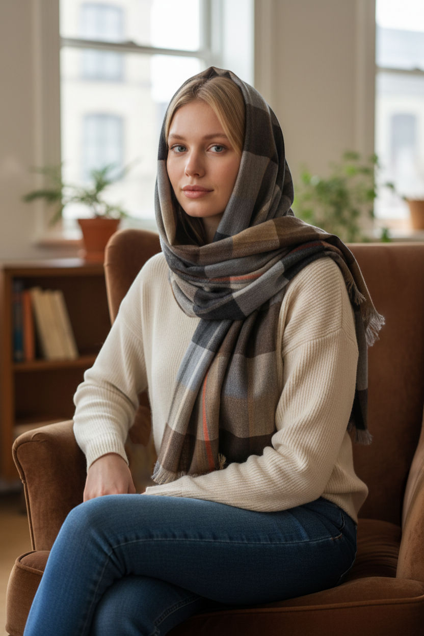 Brown Plaid Wool Scarf